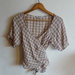Madewell Sweetheart Wrap Blouse Short Sleeve Tan Plaid Gingham Tie Medium